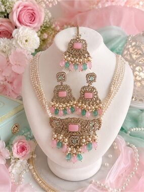 Elegant Pink & Mint Pearl Filigree Necklace Set - Women Jewelry